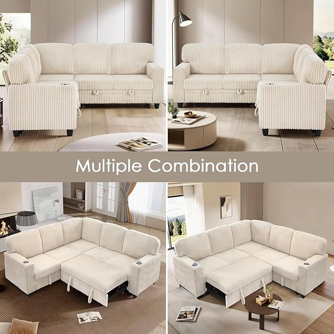 81 Modular Sectional Sofa L Shaped 5-Seater Sleeper Sofa with Pull Out Bed Hidden Storage Cup Holders &amp USB Charging Ports Sectional Couches for Living Room Corduroy Beige