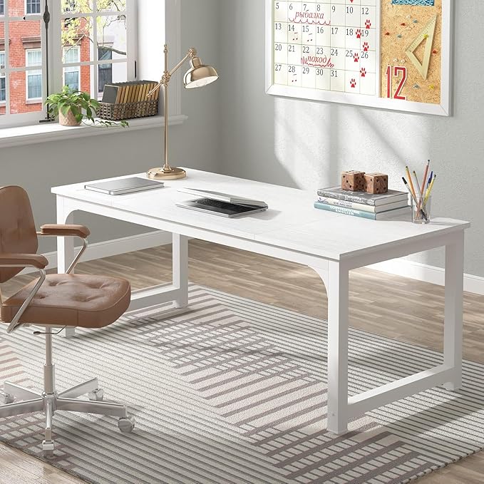 70.8 inch Executive Desk Rustic Office Computer Desk with Thick Metal Frame Vintage Workstation Writing Table Business Furniture for Office Study (White)