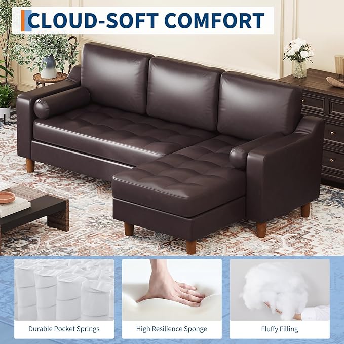 GarveeHome 88.9 L-Shape Sofa with Convertible Chaise Sectional Leather Sofa with Deep Seat Modern Mid-Century Sofa for Living Room Comfy Leather Couch Brown
