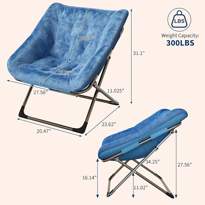 Collapsible Soft Faux Rabbit Fur Saucer Lounge Chair Comfy Lounge Lazy Chair Metal Frame Reading Chairs for Office Living Room Bedroom Small Spaces No Assembly Blue