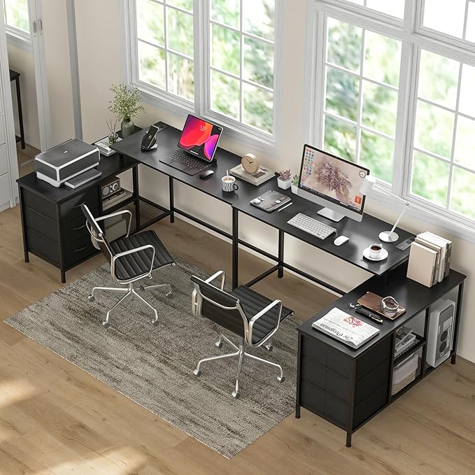 Giantex L Shaped Computer Desk with Drawers 81 Convertible Corner Desk with Charging Station and Storage Shelves Study Writing Desk Modern Long Corner Gaming Table for Home Office (Black)