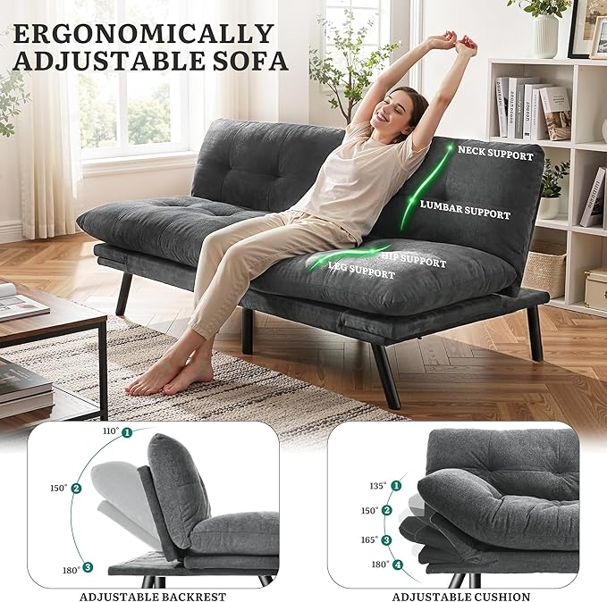 YITAHOME Convertible Futon Sofa Bed with Adjustable 3 Color Light Strip 70 Folding Futon Set for Living Room Home Office Aprtment Modern Futon Couch with Adjustable Backrest &amp Armrests Grey