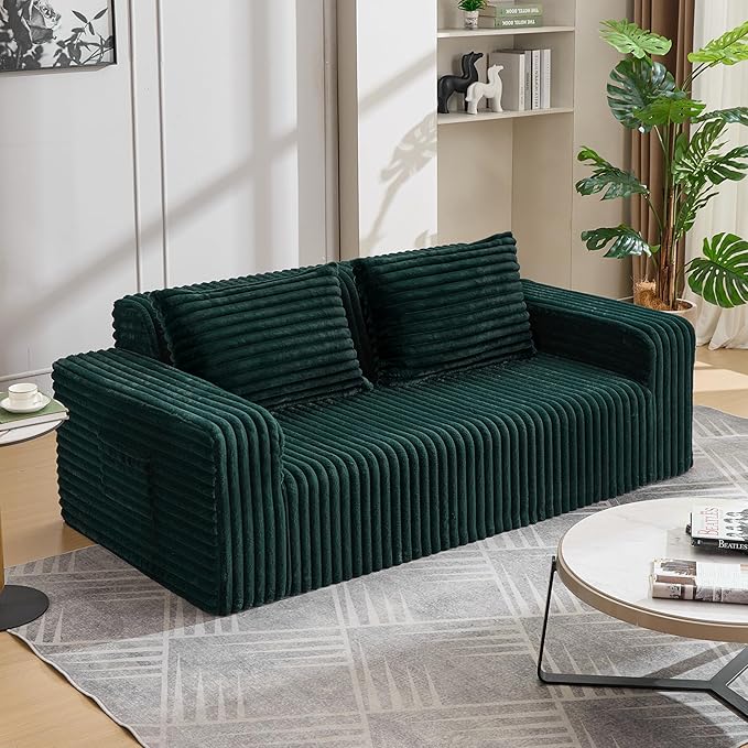 Boneless Couch Sofa 2-Seater Foam Sofa Love Seat Furry with 2 Pillows &amp 2 Side Pockets for Living Room (Green)