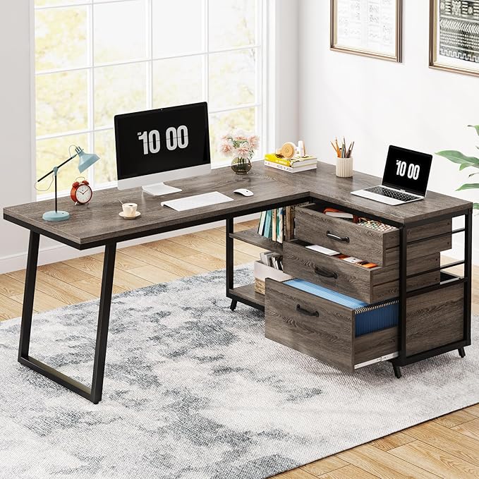 Tribesigns L-Shaped Desk with 3 Drawers Reversible Corner Home Office Computer Desk with Shelves 53-Inch Industrial PC Desk Study Writing Table Workstation for Small Space Grey