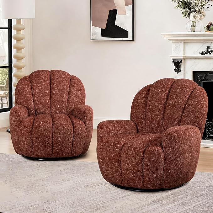 2 Pcs Mid Century Modern 360° Barrel Swivel Accent Sofa Chair Fluffy Cozy Linen Fabric Upholstery Lounge Upholstered Armchair Reading Chair Sturdy Base For Living Room Bedroom Office (Orange)