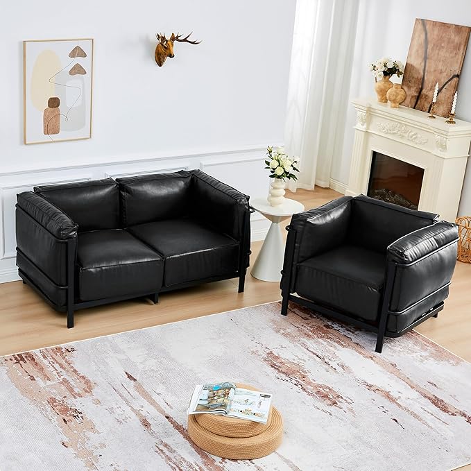 2 Piece Living Room Sofa set Mid-Century Modern Upholstered Couch Chair Faux Leather Sofa Couch with Iron Frame and Upholstered Armrest Backrest Cushion for Living Room Office Apartment (Black)