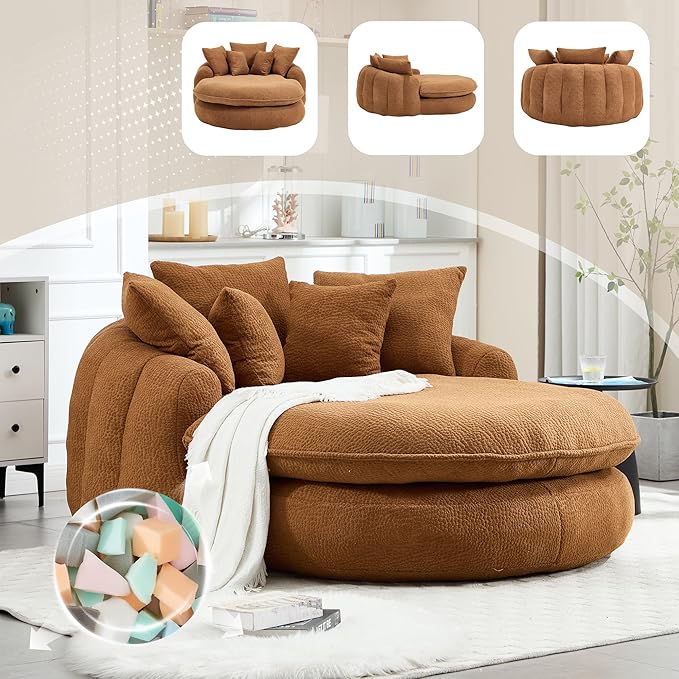 KEIKI 71 Chenille Round Boneless Sofa Couch Oversized Chaise Lounge Chair Couches Indoor No Assembly Required Floor Lazy Bean Bag Modern Sleeper Sofa Bed for Living Guest Room &amp Bedroom Brown