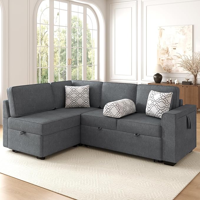 83.9 Convertible Sectional Sofa Bed Chenille L-Shaped Sofa with Dual Pull-Out Sleepers Flip-Top Table USB Ports Cup Holder &amp Storage for Living Room Office Apartment (Dark Gray-7.22)
