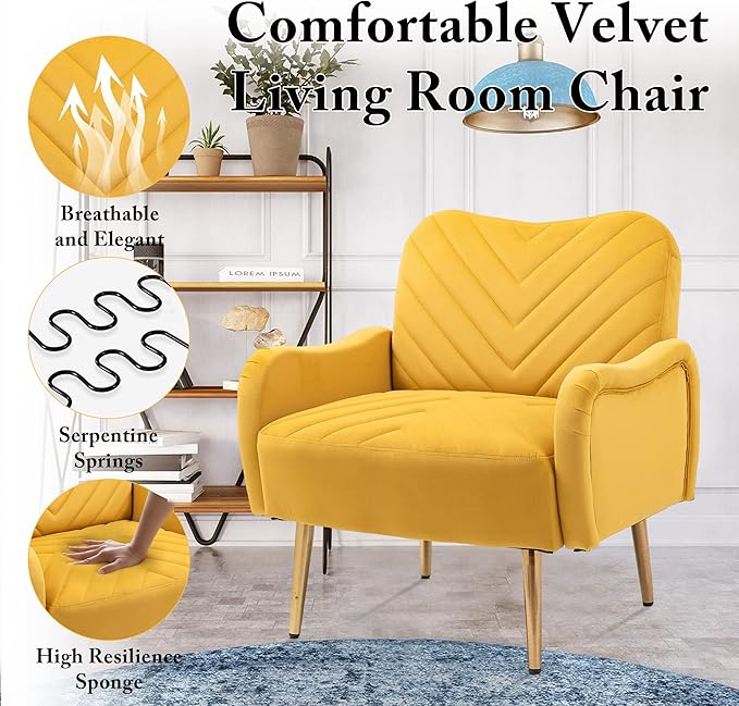 Velvet Accent Chair Comfy Upholstered Living Room Arm Chair Single Reading Sofa Chairs for Bedroom Office Small Spaces Waiting Room Furniture (Mustard Chair)