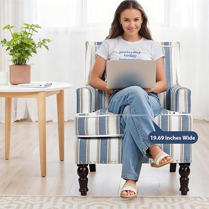 Rovibek Midcentury Modern Accent Chair - High Back Living Room Chairs Upholstered Armchair with Solid Legs Blue Striped Accent Chair for Living Room Bedroom Balcony