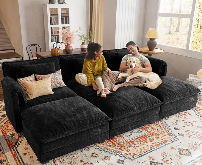 ELUCHANG Ottoman for Modular Sectional Cloud Couch Deep Seat Sofa for Apartment Living Room and Bedroom Easy Assembly Chenille Black