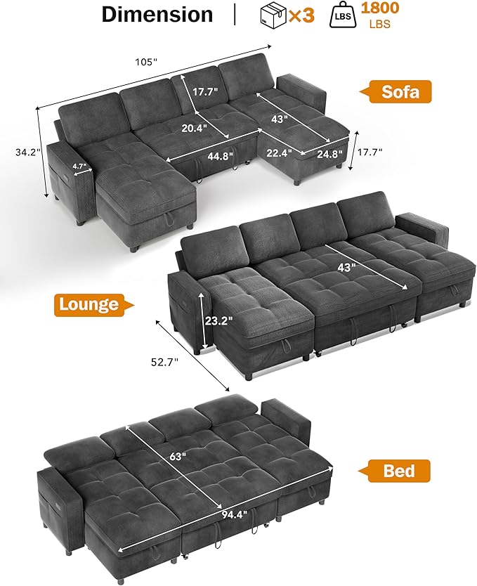 Vipbear 105 Chenille Sectional Sleeper Sofa Bed with Pull Out Bed U Shaped Couch Sleeper Sofa Bed Pull Out Couch with Reclining Backrest Double Storage Chaise USB Ports Tool-Free Assembly Grey