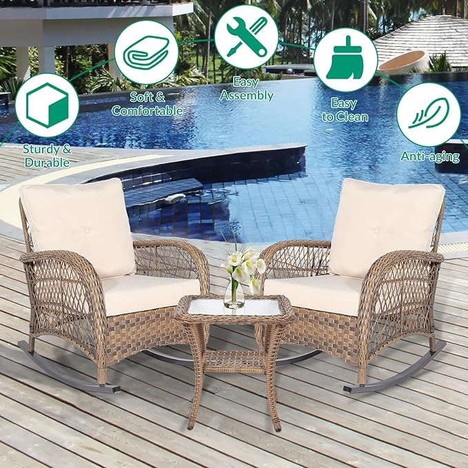 VIVIJASON 3-Piece Outdoor Conversation Bistro Set Patio Wicker Rocking Chairs Rattan Furniture Sets w/ 2 Rattan Chairs Cushions Glass Top Side Table for Garden Porch Backyard