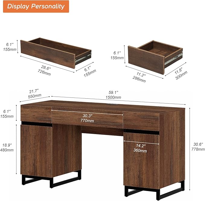 WAMPAT 59 Modern Executive Desk with Drawers Home Office Computer Desk with Charging Station File Drawer Storage Cabinet Wood Writing Desk for Work and Study Dark Brown