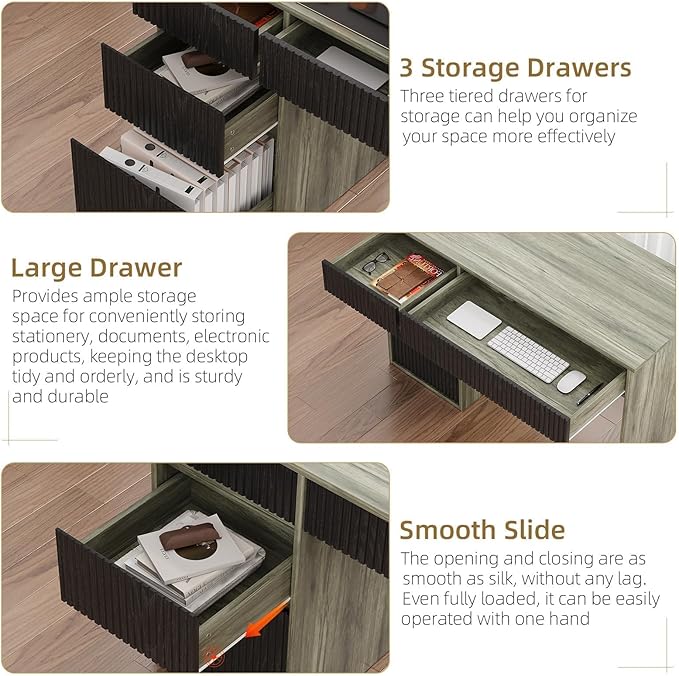 4 EVER WINNER Computer Desk with Drawers 48 Inch Small Desk with Drawers and Storage Cabinet Wood Desk with Hidden Handle for Living Room Bedroom Home Office Desk for Small Spaces Grey