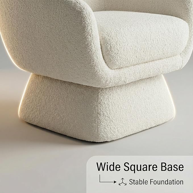 Modern Swivel Single Sofa Accent Chair with Extra-Wide Seat Comfy Boucle Barrel Chair with Thick Cushion &amp Upgraded Larger Square Base 360° Round Swivel Vanity Chair for Bedroom Living Room