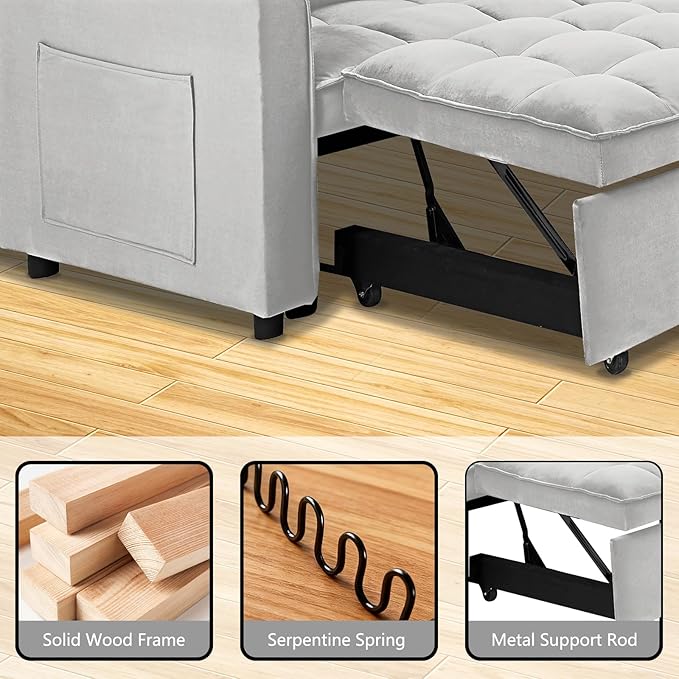 53'' Convertible Sleeper Sofa Bed Modern Velvet Fabric Adjustable Backrest Side Pocket and 2 Pillows 3-in-1 Pull Out Loveseat Couch for Living Room Bedroom Small Spaces Beige
