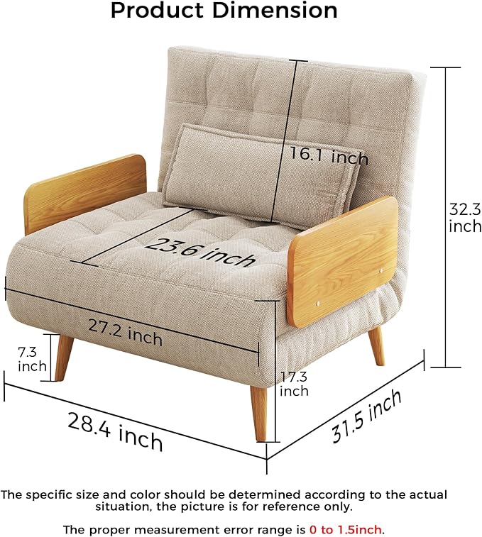 JASIWAY Convertible Sleeper Chair Bed for Adults 3 in 1 Linen Convertable Futon Chair with Pillow Fold Out Single Sleeper Couch Guest Bed for Small Spaces Bedroom Office Mid-Century 36.6 | 5 Ad