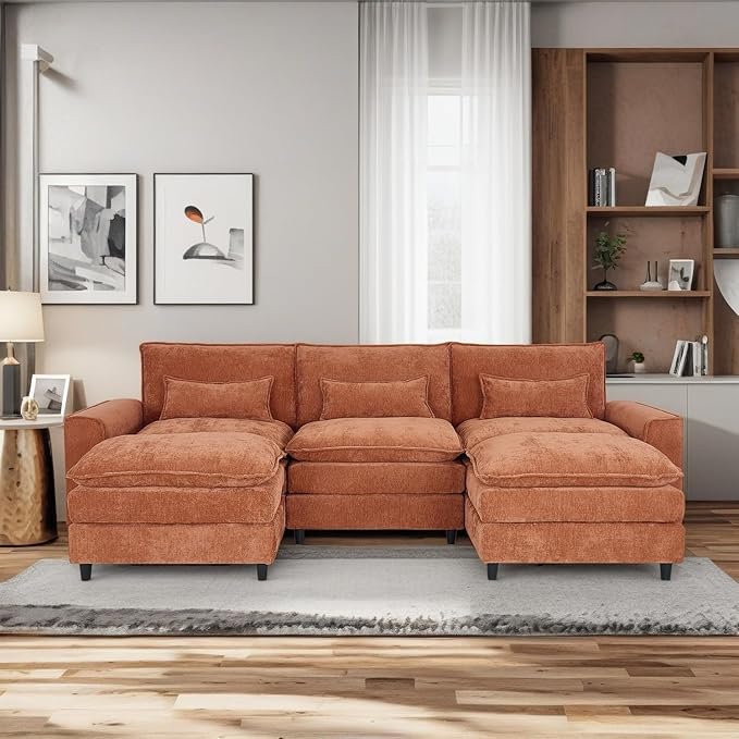 U Shaped Modular Cloud Couch Convertible Sectional Couches Sofa with 2 Ottoman 3 Seater Modular Sectional Deep Seat Sofa for Living Room Apartment Orange Brown