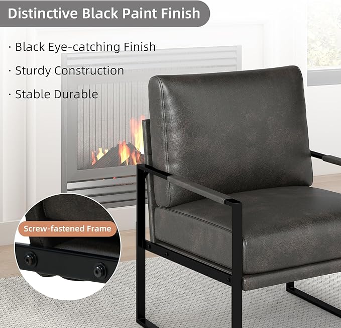Mid Century Modern Faux Leather Accent Chair Set of 2 Metal Framed Armchair with Extra Soft Removable Seat Cushion &amp Backrest for Living Room Bedroom Waiting Room Easy to Clean (2 Dark Grey)