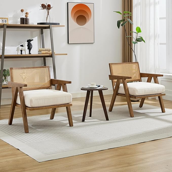 GarveeHome Mid-Century Farmhouse Accent Chair - Wood Armchair with Rattan Backrest &amp Linen Cushion for Living Room Bedroom - Beige Easy Assembly(2 Pcs)