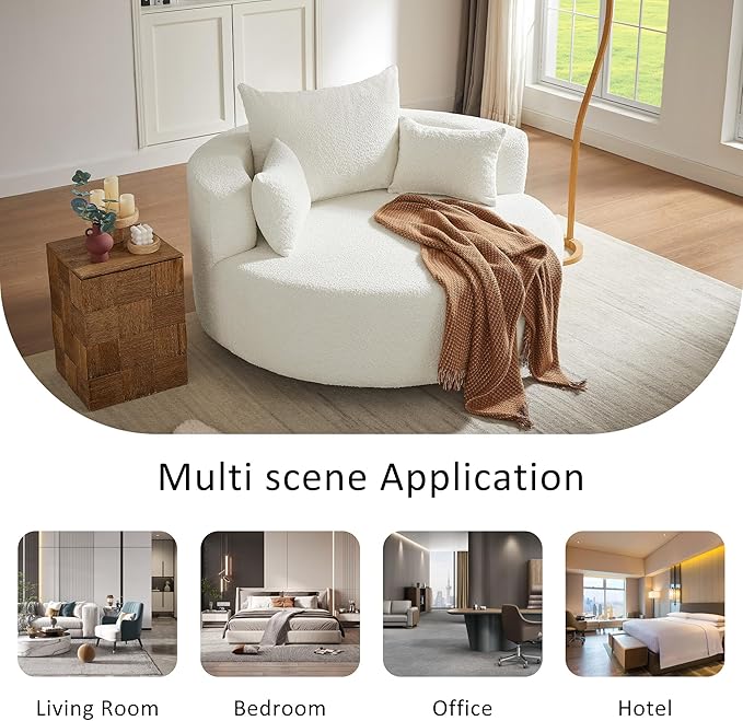 360° Swivel Chair Accent Barrel Chair Swivel Round Sofa Chair with 3 Removable Pillows for Living Room Bedroom Office and Hotel (Beige@80)