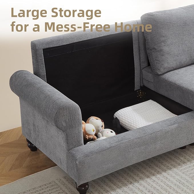 81” Sofa Couch with Storage Mid Century Modern Decor Loveseat Couches for Living Room Button Tufted Upholstered Small Couch for Bedroom Apartment (Gray)