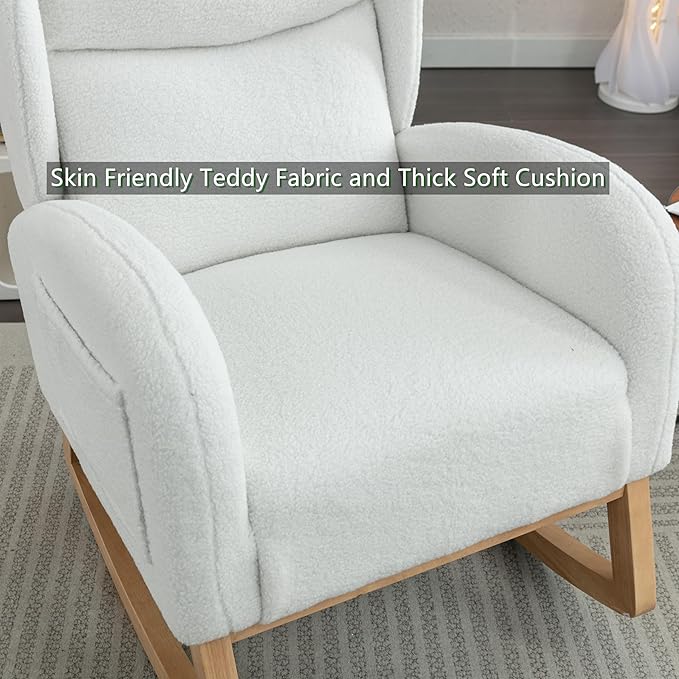 Setawix Teddy Rocking Glider Chair for NurseryUpholstered Living Room Rocker Arm ChairLeisure Sherpa Wingback ArmchairMid Century Modern Rocking Accent Chair with Side Pockets (Wingback Ivory)