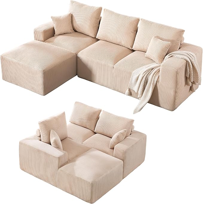 108 Modular Cloud Sectional Sofa 17.8 Comfort Height &amp Neck Pillow Modern Corduroy Couch with L-Shape Oversized Chaise for Living Room Bedroom No Assembly Required (Beige)