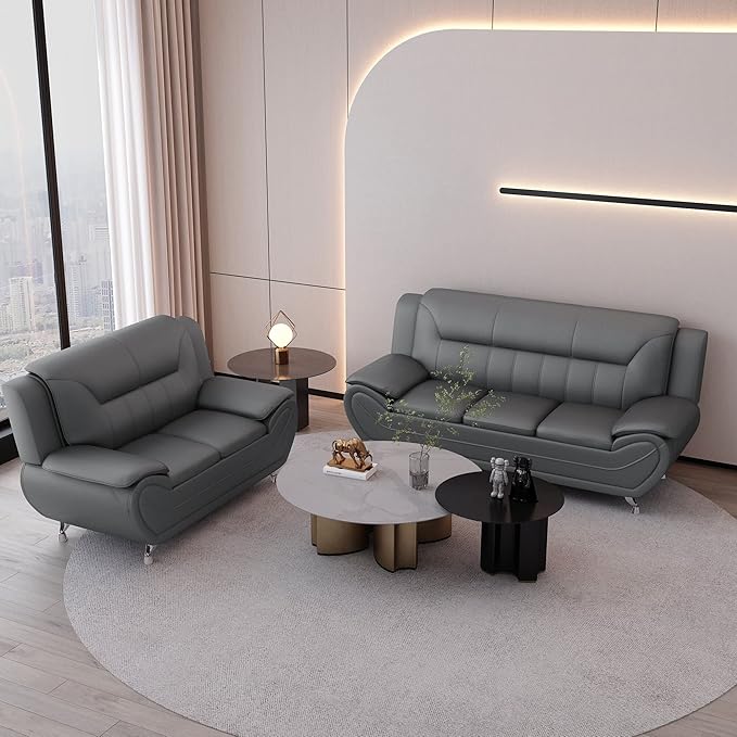 Michael Modern Faux Leather Upholstered Stainless Steel Legs Living Room Loveseat Gray