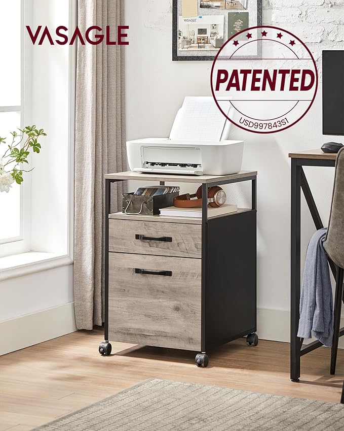 VASAGLE File Cabinet Mobile Filing Cabinet with Wheels 2 Drawers Open Shelf for A4 Letter Size Hanging File Folders Heather Greige and Ink Black UOFC071B02