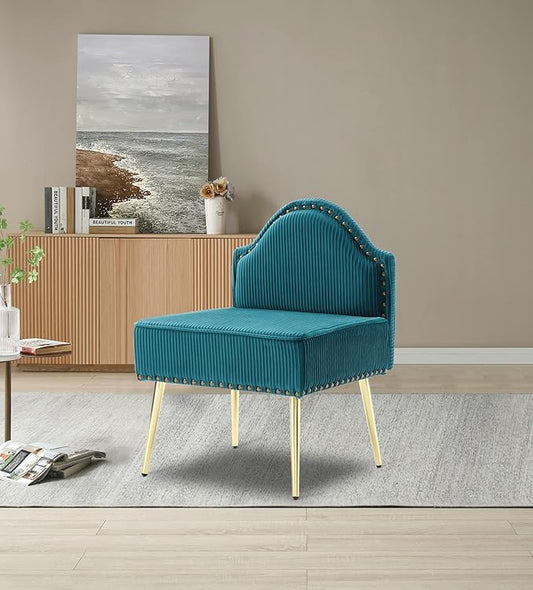 Modern Upholstered Pleated Velvet Accent Chair Tufted Dining Office Chairs Armless Slipper Chair Mid-Century Side Chair Single Luxury Sofa Chair with Golden Legs for Living Room Small SpaceTeal