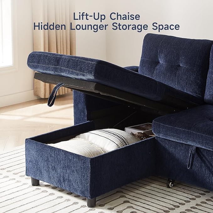 ONBRILL Sleeper SofaPull Out Couch Bed with Storage ChaiseL Shaped Cloud Couch with Adjustable BackrestSectional Couches for Living RoomApartmentTool-Free Assembly ChenilleBlue
