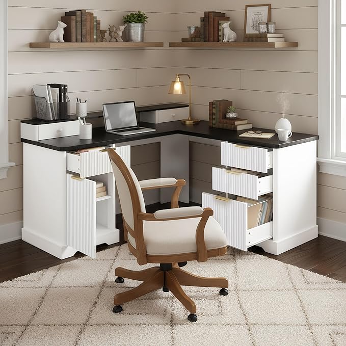 RiteSune L-Shaped Fluted Office Desk with USB Charging Station Removable Monitor Stand File Drawer &amp Adjustable Storage Cabinet Modern Corner Computer Desk