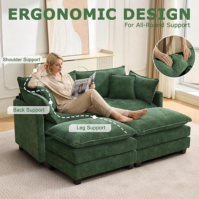 78 Modular Sectional Sofa Cloud Couch Loveseat Sofa with 2 Movable Ottoman Comfy Chenille Deep Seat Sofa with Throw Pillows 4 Seat Modern Couches for Living Room Bedroom and Apartment Green
