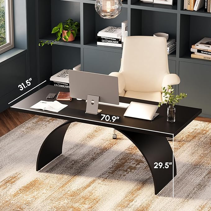homary 70.9 Industrial Executive Desk Black Top Desk Modern Home Desk with Arched Design Legs for Study Office Home Office