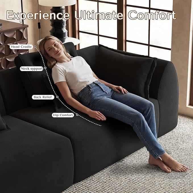 100 Oversized Sectional Sofa Chenille 3 Seater Couch Large Boneless Couch Sectional with Deep Seat Modern Cloud Sofa for Living Room Bedroom No Assembly Required Black