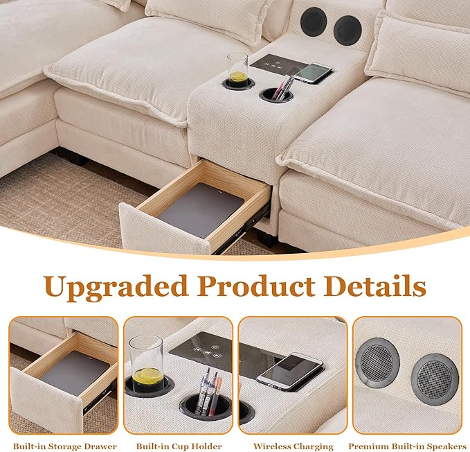 126 Modular Sectional Sofa with Storage Console Cloud Couch Chenille U-Shaped Sofa Cup Holders &amp Wireless Charger Memory Foam Double Chaise for Living Room Office Beige