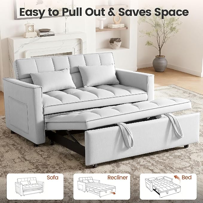 3 in 1 Sofa Bed Love Seat Sleeper Bed with Side Pockets Velvet Fabric Pull Out Couch with Adjustable Backrest for Living Room Bedroom ApartmentGray