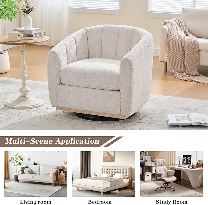 Mlmh &amp Kngwa 32.28 W Swivel Barrel Accent Chair Chenille Upholstered Swivel Chair Comfy Chairs Single Sofa for Living Room Bedroom Ivory