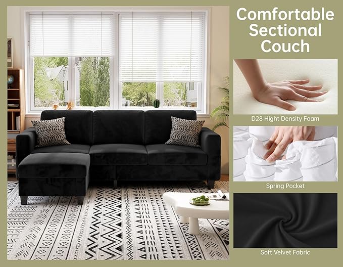 Small Couches for Living Room 78 Convertible L Shaped Couch Black 3 Seater Sofas with Movable Storage Ottoman for Small Space