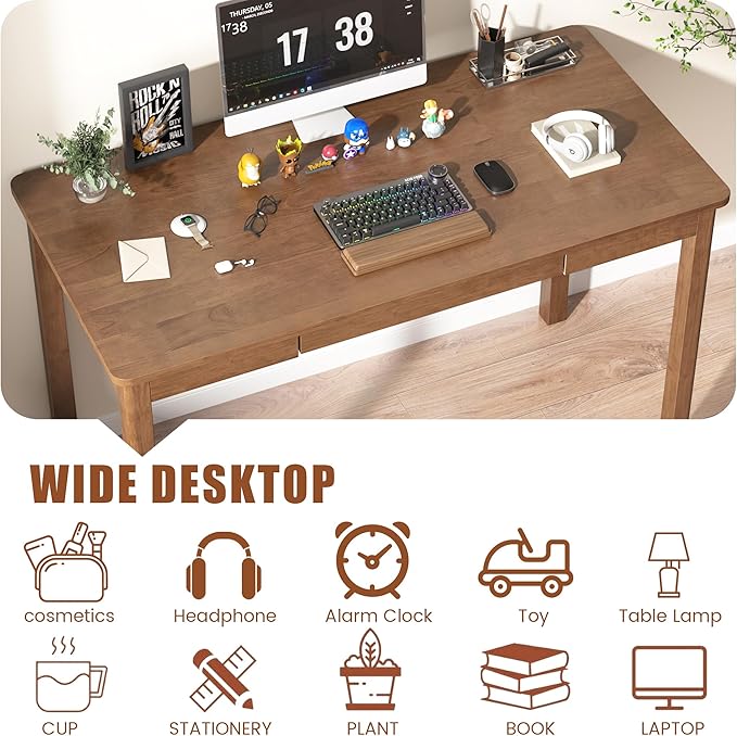 Solid Wood Desk with Keyboard Tray - 48 Inch Mid Century Modern Writing Desk Computer Desks with Keyboard Tray Simple Study Table Home Office Desks for Bedroom|Small Spaces-Walnut Color