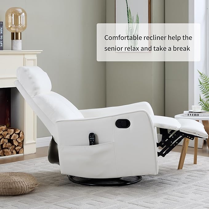 White 360° Swivel Rocker Recliner Chair Massage Reclining Chair with 8-Point Vibration &amp Lumbar Heat for Adults Elderly 155° Recline Easy Assembly for Living Room