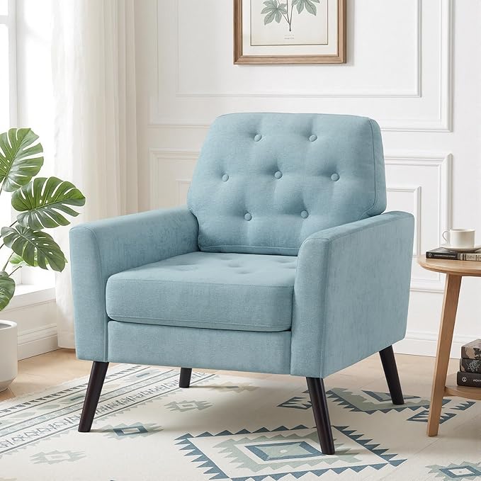 Accent Chair for Living Room Mid Century Modern Reading Chair Upholstered Armchair with Tufted Back &amp Wood Legs Single Sofa Side Chair for Bedroom Small Room Office Apartment Teal Green