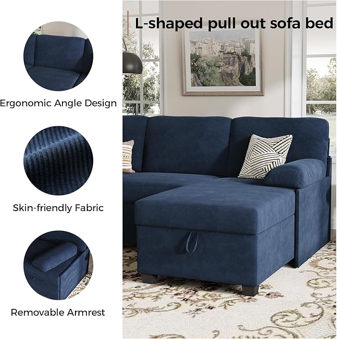 80 inch Convertible Sectional Sofa L-Shaped Sofa Sleeper with Reversible ChaiseCouch Bed with StorageRemovable ArmrestModern Pull Out Bed for Living Room BedroomCorduroy Blue