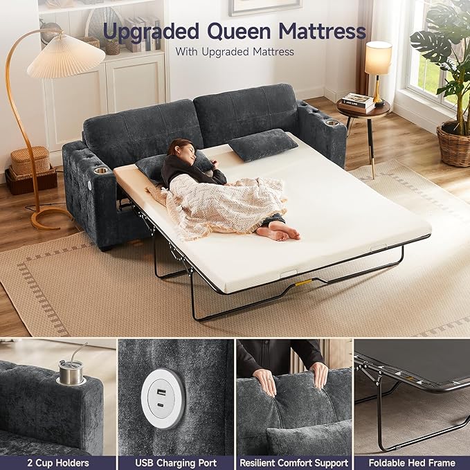 ONBRILL 83 Pull Out Sofa Bed2-in-1 Chenille Queen Size Loveseat Sleeper Sofa with Cup Holder USB PortMemory Form Couch for Living Room Apartment and Small SpaceGrey | sofa bed queen size
