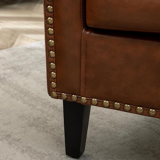 KINWELL 29 W Faux Leather Barrel Chairs Set of 2 Modern PU Upholstered Tufted Club Chairs with Nailhead Trim Small Armchairs Accent Chairs for Living Room Bedroom Apartment Lounge Nursery Brown