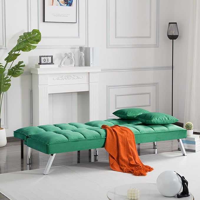 68 Modern Futon Sofa BedConvertible Sleeper Bed Couch with 4 Reclining Backrest with 2 PillowsComfy Velvet Cloud Sofa Loveseat for Living Room Bedroom Office (Green)