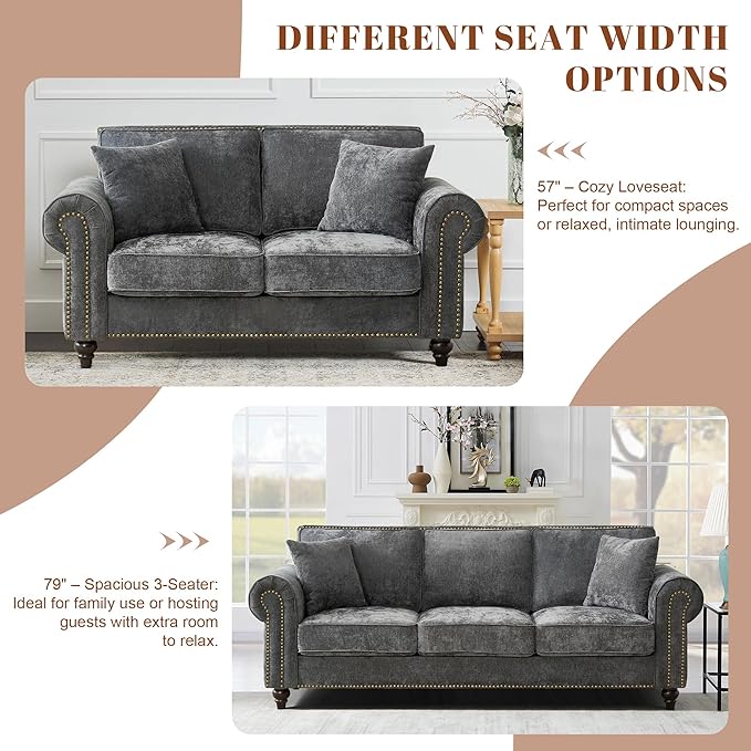 TTK 63 Modern 2-Seater Sofa with Rolled Arms Chenille Upholstered Loveseat Couch with Sturdy Wood Legs and Elegant Nailhead Trim Comfortable Small Sofa for Living Room Bedroom or Apartment Gray