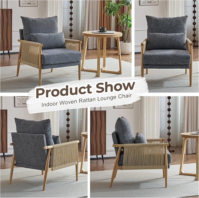 Karl home Cozy Chenille Accent Chair with Lumbar Pillow &amp Rattan Arms Modern Lounge Chair for Living Room Bedroom Reading Nook Dark Gray